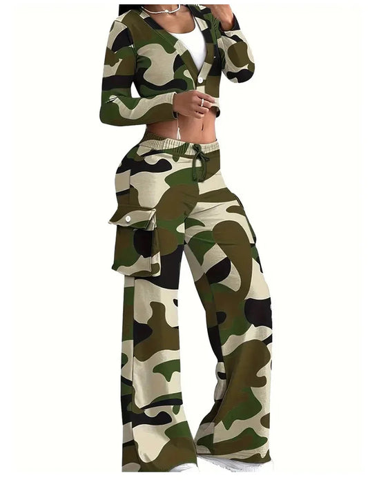 Camo Print Cargo Pants Sets Sexy Crop Tops & Elastic High Waist Wide Leg Trousers Women's Two Pieces Set Casual SweatOutfits SS69