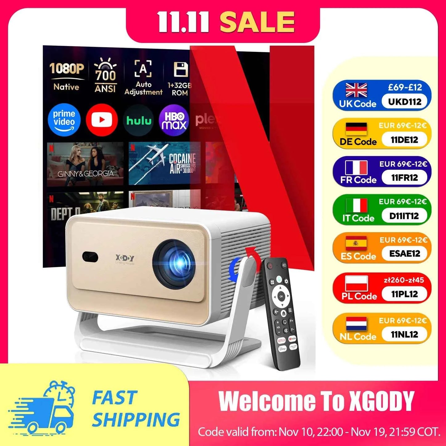 XGODY Gimbal N6 Pro 4K Projector Netflix Officially 700 Ansi Native 1080P Auto Focus Whale OS TV for Movie Home Theater