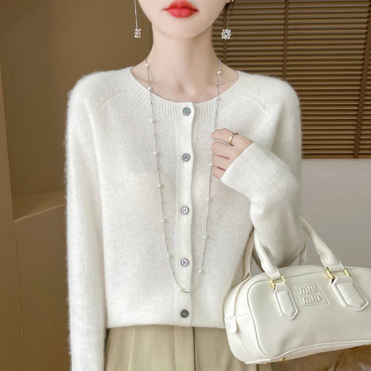 100%Merino Wool Cardigan Women's Round Neck Casual High-Quality AutumnWinter Solid Color Jacket Knit Basic Sweater Pure Wool Top SS69