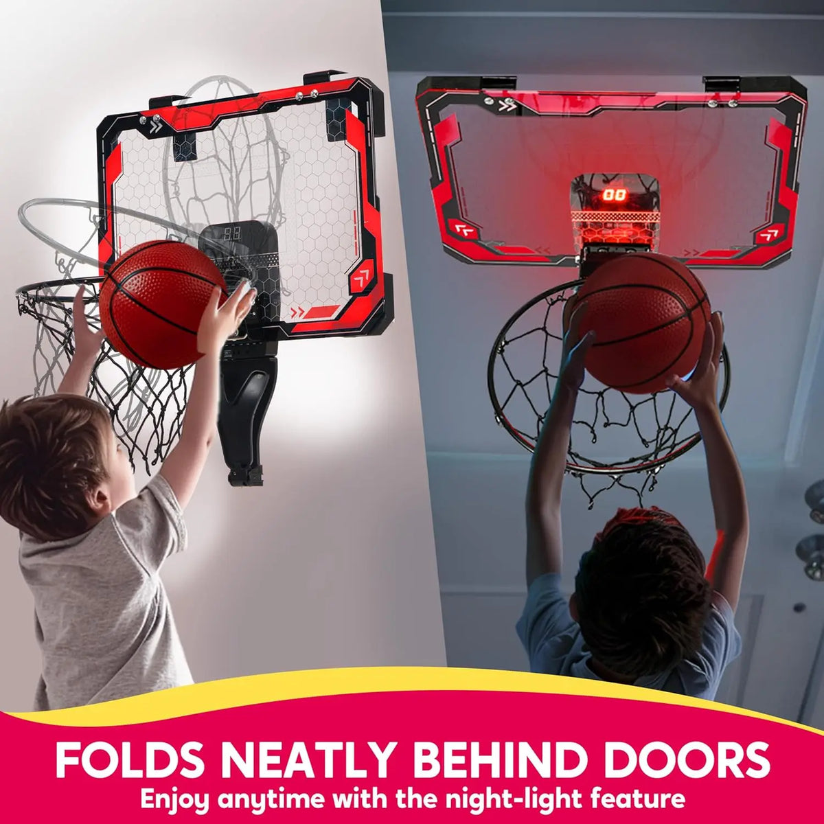 JOYFY LED Indoor Basketball Hoop Over The Door with Scoreboard and 4 Balls