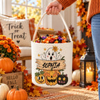 Custom Name Halloween Candy Bucket, Cute Ghost Pumpkin Black Cat Design Trick or Treat Pail, Kids Halloween Party Candy Basket