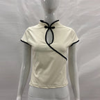 Women's Beige Chinese Style Cheongsam Blouse Vintage Mandarin Collar Short Sleeve Crop Top with Frog Button Keyhole Asymmetrical