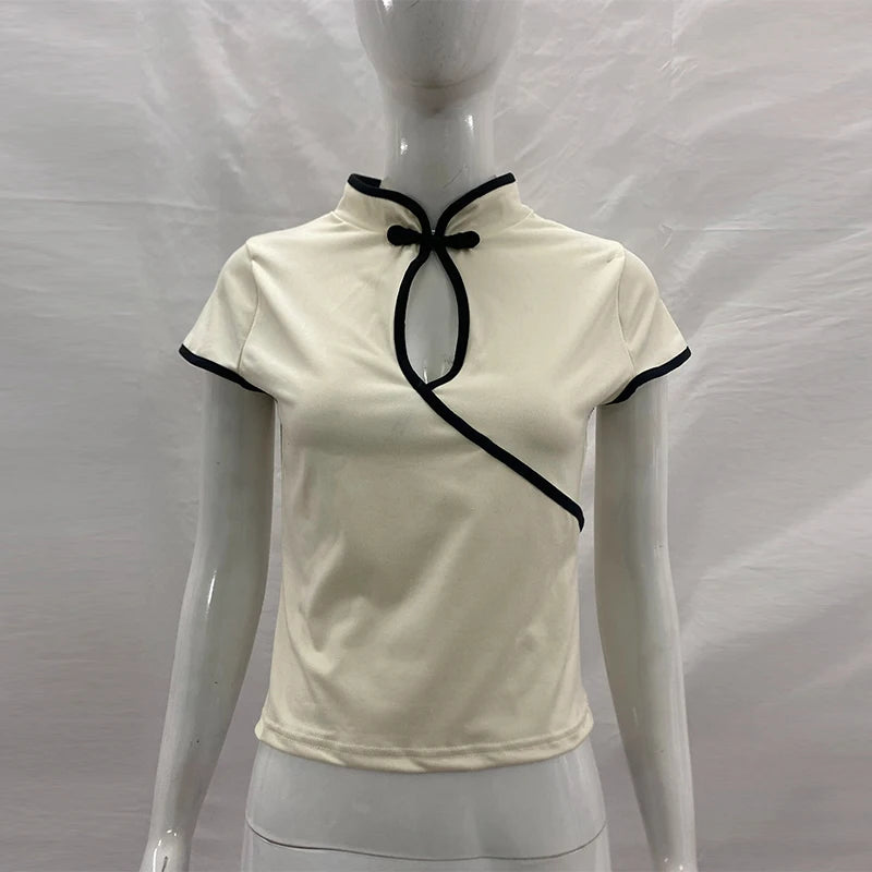 Women's Beige Chinese Style Cheongsam Blouse Vintage Mandarin Collar Short Sleeve Crop Top with Frog Button Keyhole Asymmetrical