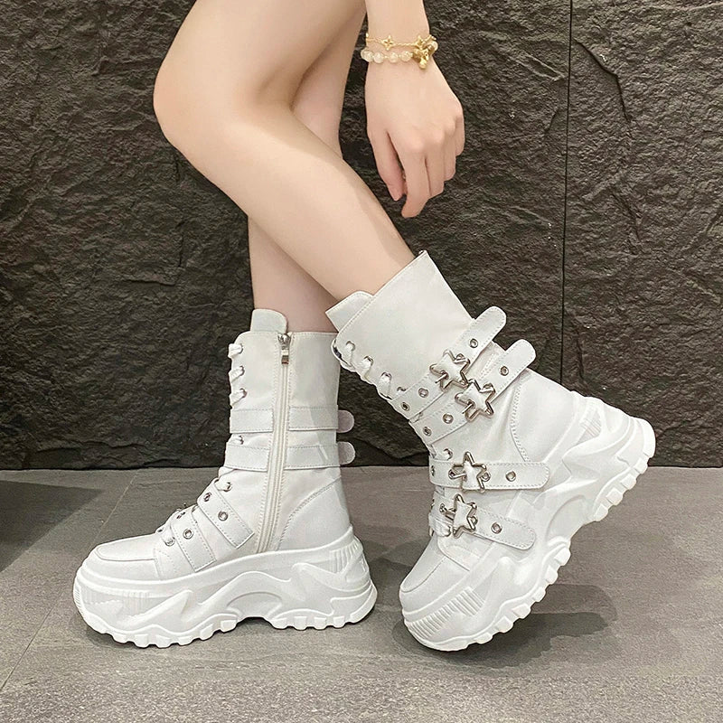 Single Boots Autumn New Round Toe Front Lace-Up Platform Non-Slip Mid-Tubular Boots Size Up To 42