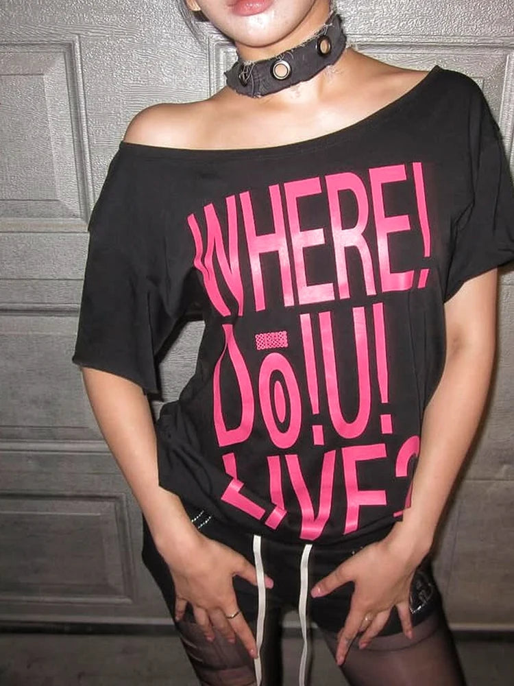 Nibber 2026 Summer New Trend Letter Print t-Shirt Women Skew Collar Leisuremusic Festival Hottie High Street Classic Clubwear