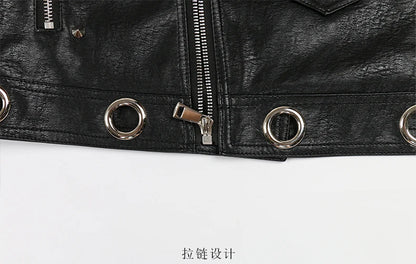 Nerazzurri Spring Autumn Short Hollow Out Pu Leather Jacket Women Rivet Cool Stylish Luxury Designer Clothes Runway Fashion 2024