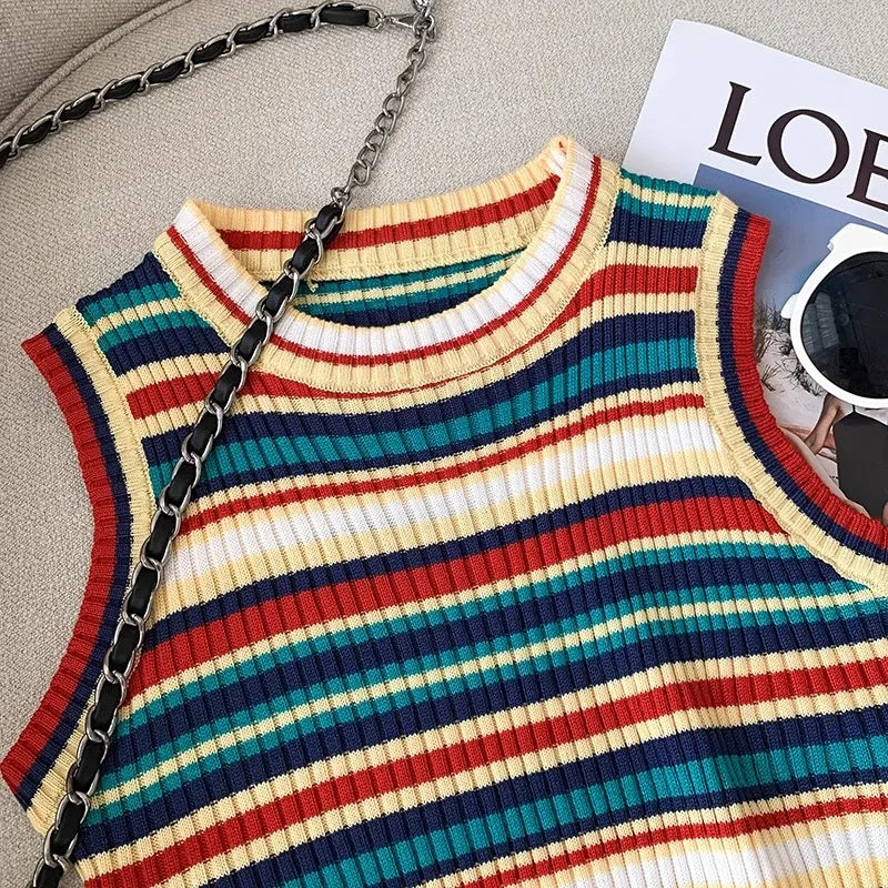 YuooMuoo Chic Fashion Knitted Tops Women 2025 Summer Y2K Rainbow Striped Slim Elastic Sleeveless Tank Tops Steetwear Lady Shirts SS69