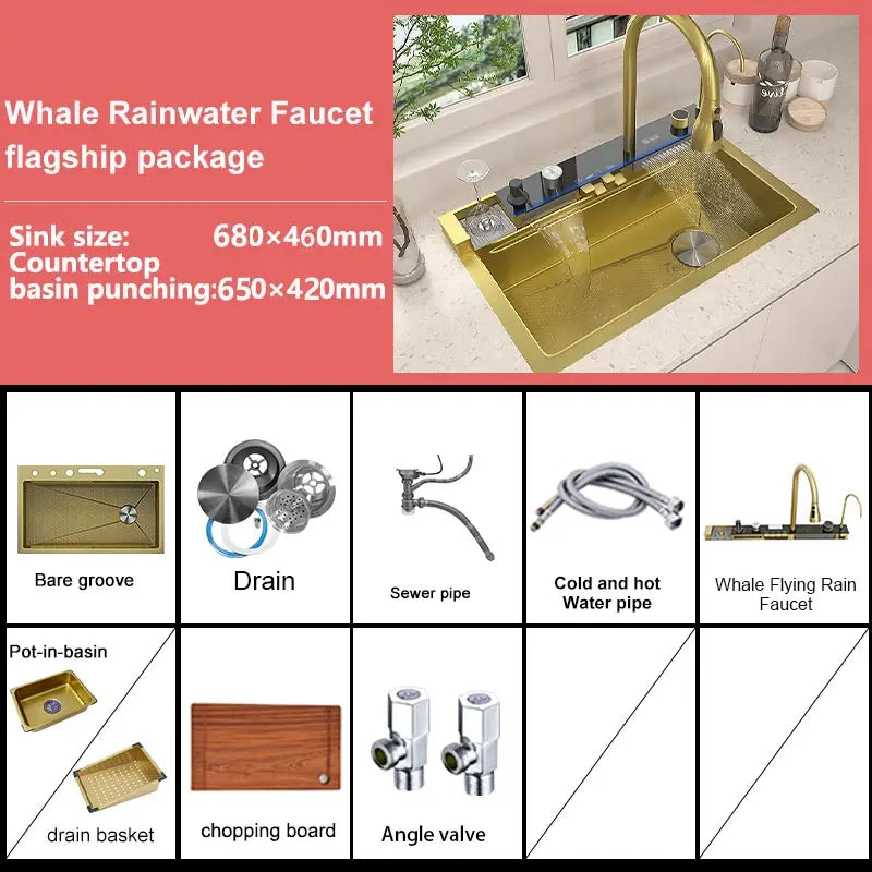 TELISIYAC Stainless Steel Waterfall Kitchen Sink - Large Single Bowl