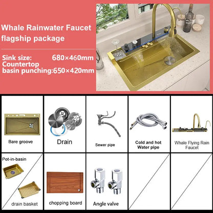 TELISIYAC Stainless Steel Waterfall Kitchen Sink, Large Single Bowl Digital