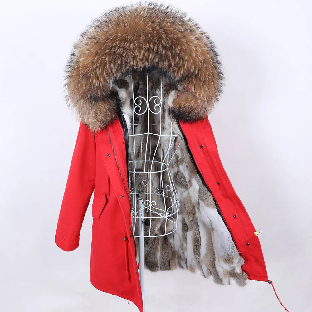 Maomaokong Winter Women Parka Cotton Jacket Real Fur Coat Natural Fox Fur Hooded Rabbit Fur Liner Thick Warm Outerwear Female