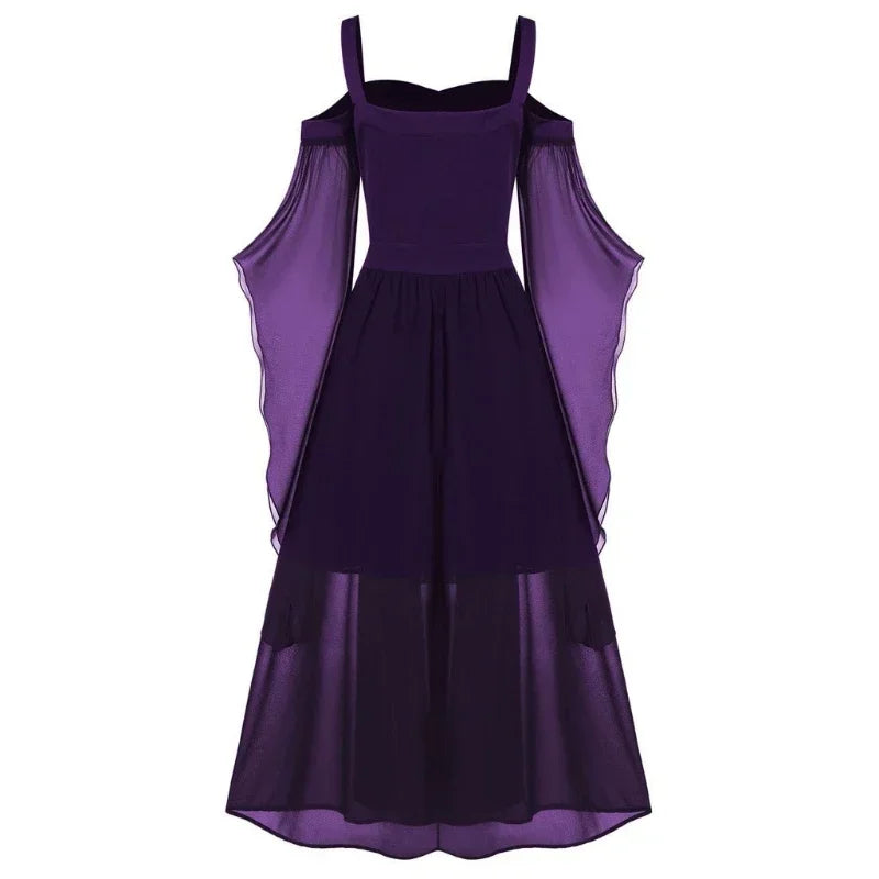 New Medieval Witch Dress for Women Halloween Carnival Women Plus Size Cold Shoulder Butterfly Sleeve Halloween Gothic Dress
