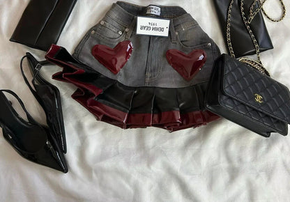 Fashion Trendy Leather Suit Twopiece Set Women Y2k Harajuku Gothic Heart Shaped Short Jacket Denim Splicing Sexy Miniskirt Suit SS69 35.69 Skirt4 / S