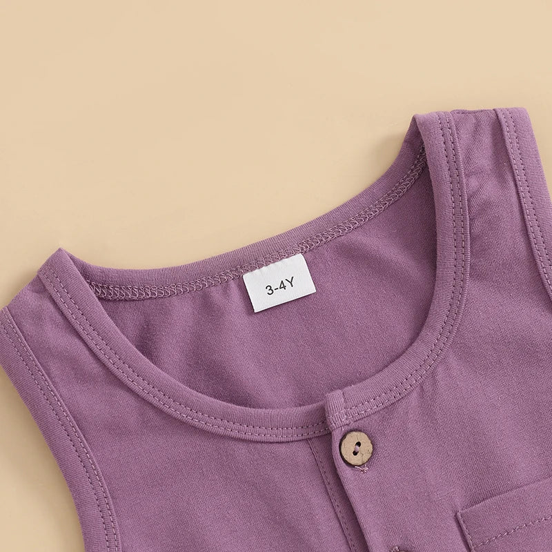 2024-12-04 Lioraitiin Litter Girls Summer Casual Jumpsuit Sleeveless Crewneck Solid Color Drawstring Tank Romper - SS69 