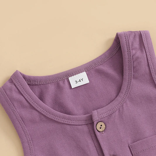 2024-12-04 Lioraitiin Litter Girls Summer Casual Jumpsuit Sleeveless Crewneck Solid Color Drawstring Tank Romper - SS69 