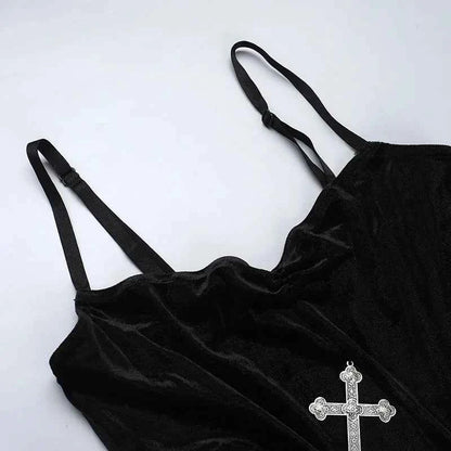 Punk Grunge High Split Hem Straps Dess 90s Streetwear Gown Women Sexy Corn Bandage Velvet Dresses Mall Gothic Clothing