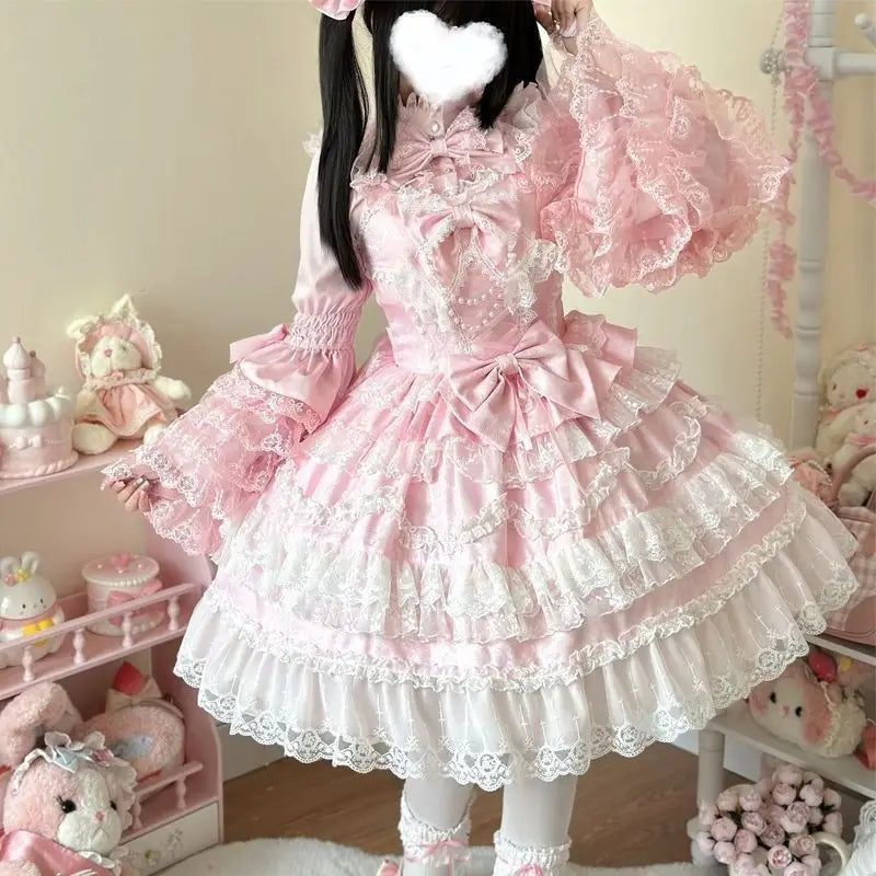 French Lolita Strap Dress Lace Patchwork Cosplay Outfit Y2K Vintage Elegant Girls Sweet Party Kawaii Dress Women Clothing 2026