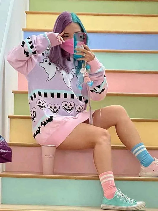 Yangelo Pink Kawaii Sweater Women's Knitted Top Gothic Ghost Bat Pattern Autumn Winter Warm Fairy Grunge Clothing