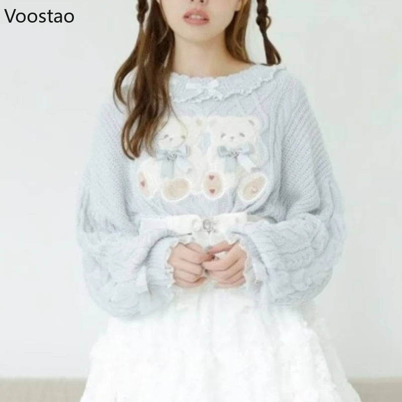 Sweet Lolita Bear Embroidery Knit Sweater with Puff Sleeves