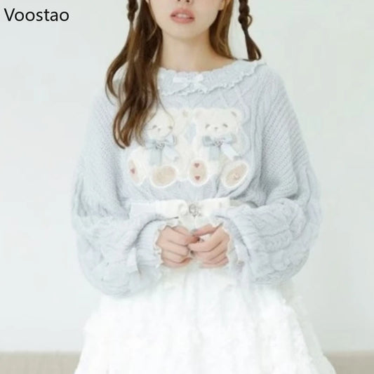SS69 Vintage Sweet Lolita Bear Embroidery Bow Knit Sweater