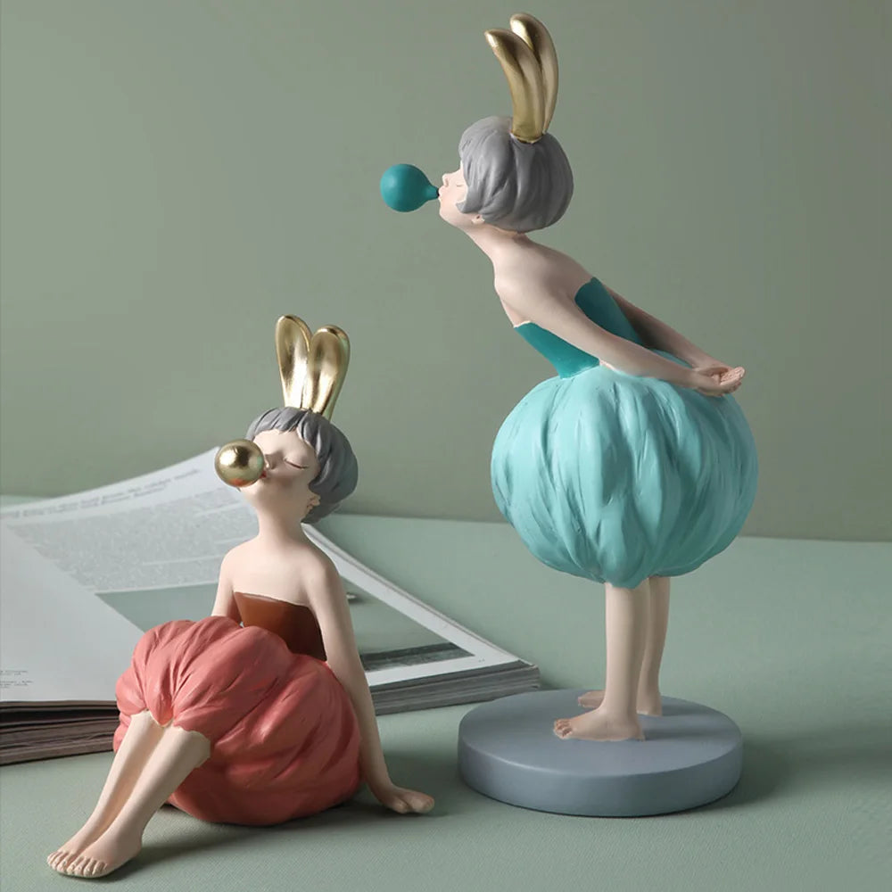 Bubble Gum Rabbit Girl Figurines, Modern Home Decoration,Party Decor, Sweet Gift for Girl,Lovely Room Ornaments,Birthday Present SS69