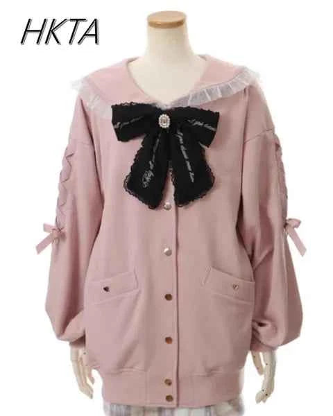 Mine Series Japanese Embroidery Bow Sail Collar Black Long Sweatshirt Coat Women Hoodie Lolita Sweet Girls Pink Hoodies Jacket