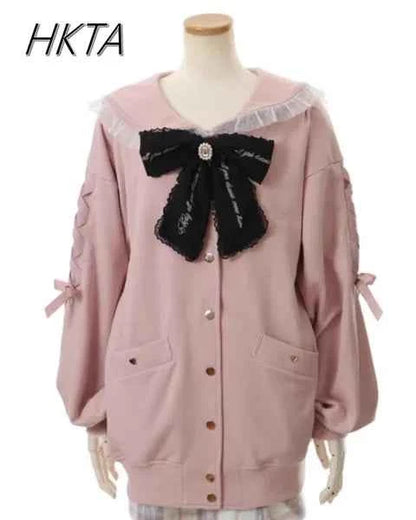 Mine Series Japanese Embroidery Bow Sail Collar Black Long Sweatshirt Coat Women Hoodie Lolita Sweet Girls Pink Hoodies Jacket