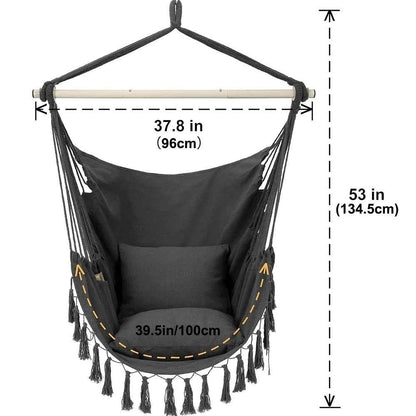 Macrame Hanging Chair with 2 Pillows | 500lb Capacity Cotton Rope Swing | Pocket Design Indoor/Outdoor Use