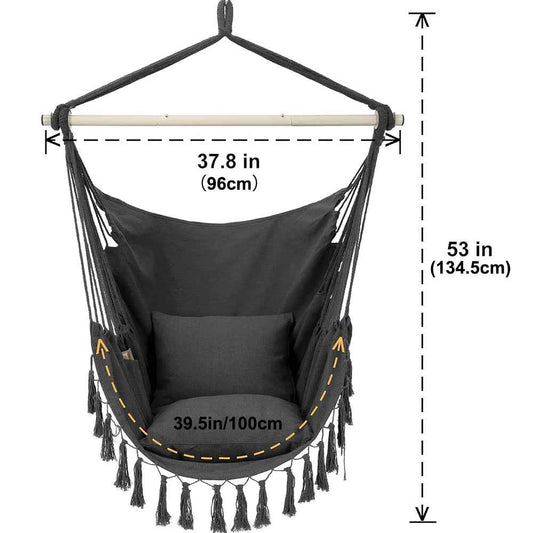 Macrame Hanging Chair with 2 Pillows | 500lb Capacity Cotton Rope Swing | Pocket Design Indoor/Outdoor Use