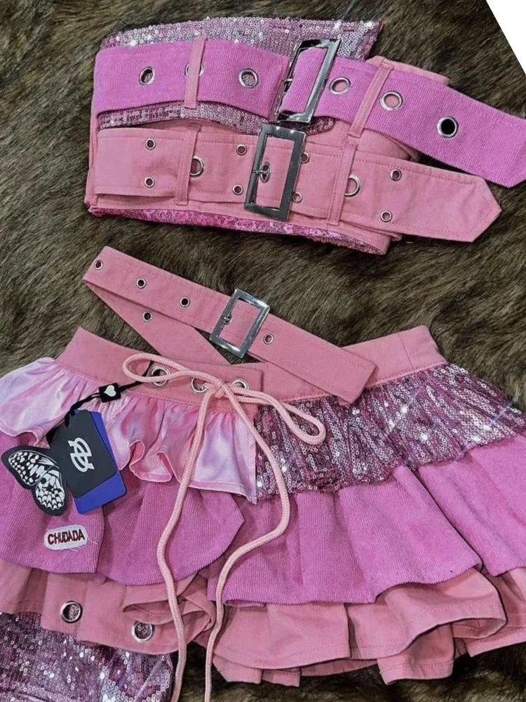 2000s Aesthetic Punk Style Women New 2 Piece Set Sexy Strapless Tops + High Waist Skirt Female Retro Chic Korean Popular Clothes