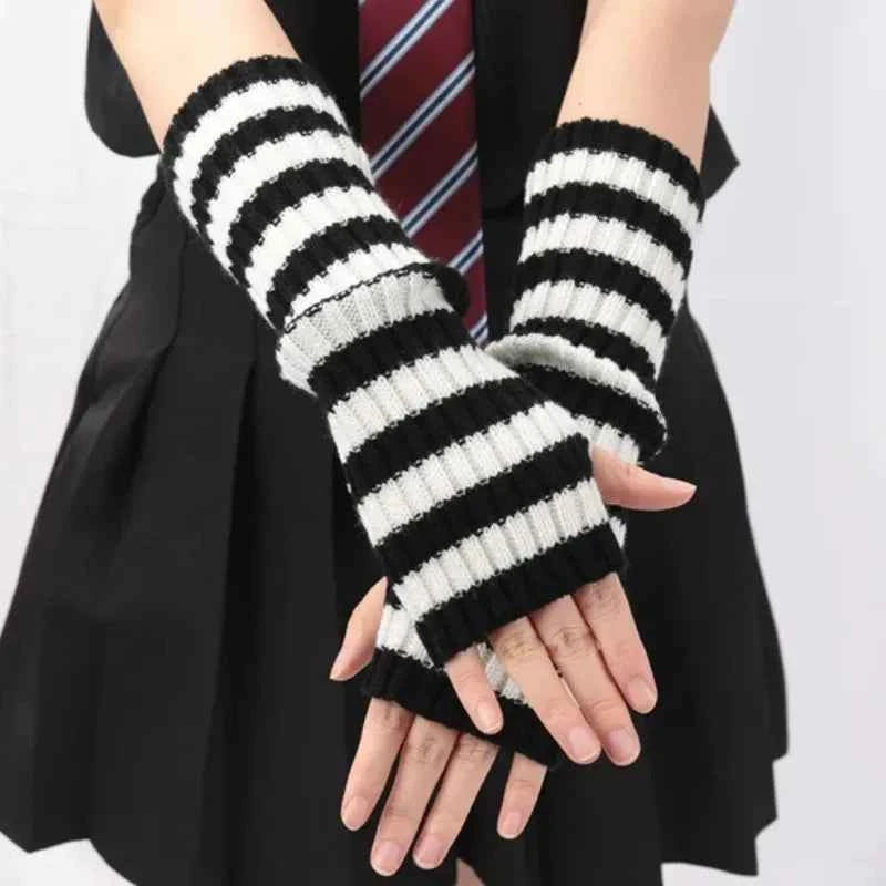 Gothic Striped Knitted Fingerless Arm Sleeves Black White Striped Winter Long Arm Warmers Girls Harajuku Y2K Wrist Gloves