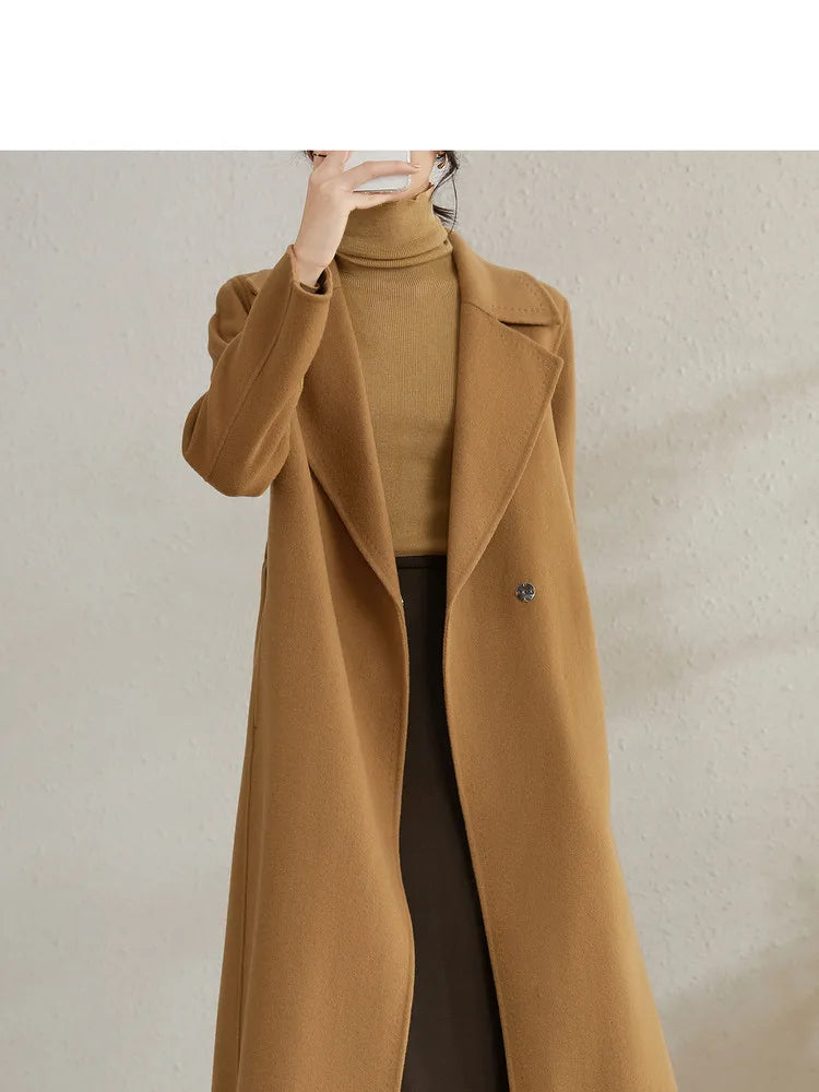 SENTUBILA Women's 100% Wool Long Wrap Coat with Belted Waist