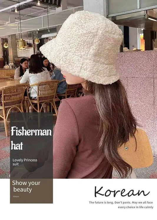 Unisex Harajuku Bucket Hat Solid Men Fishing Fisherman Hat Autumn Winter Lamb Wool Outdoor Warm Panama Cap For Women