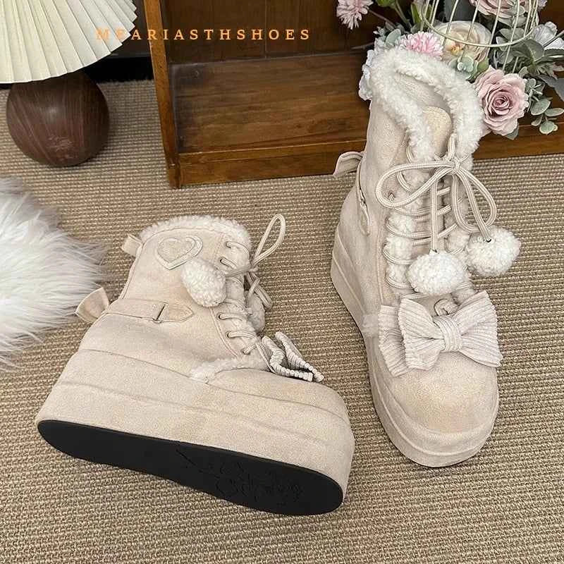 pink Sweet Winter Girls Lolita Mid-Calf Snow Boots,Cute Female Students Plush Warm Bowknots Lace Up Wedge Heel Heightening Shoes