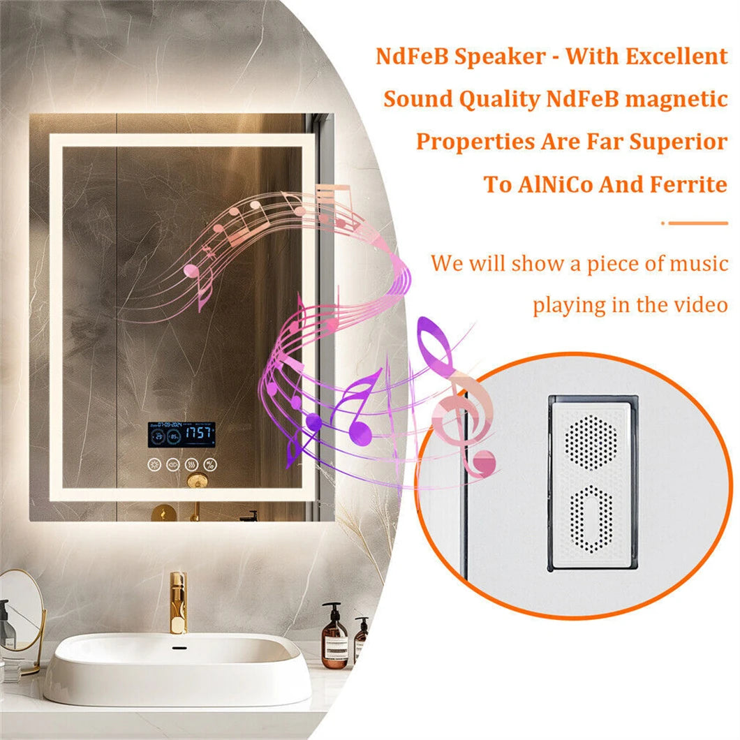 Smart LED Bathroom Mirror Rectangle Wall Mount Mirror w Bluetooth Speaker,Time,Temperature,Light Memory,Front & Backlit,Anti-Fog SS69