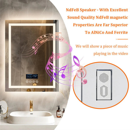 Smart LED Bathroom Mirror Rectangle Wall Mount Mirror w Bluetooth Speaker,Time,Temperature,Light Memory,Front & Backlit,Anti-Fog SS69