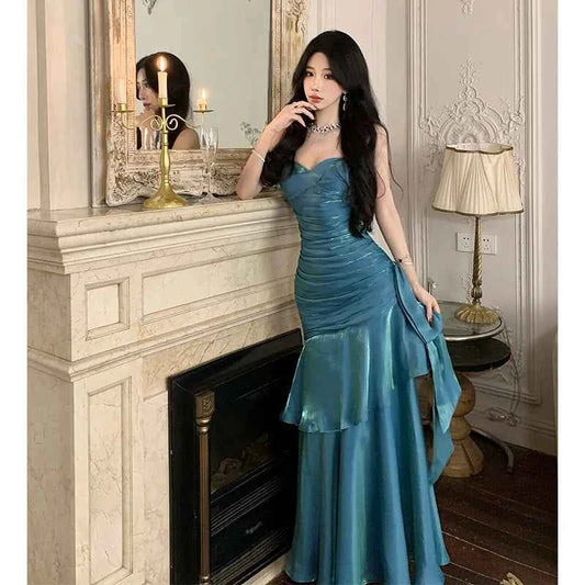 Women Summer New Elegant Ruffled Maxi Dress Light Luxury Bodycon Sling Fishtail Dresses Vintage Party Gown Prom and Events
