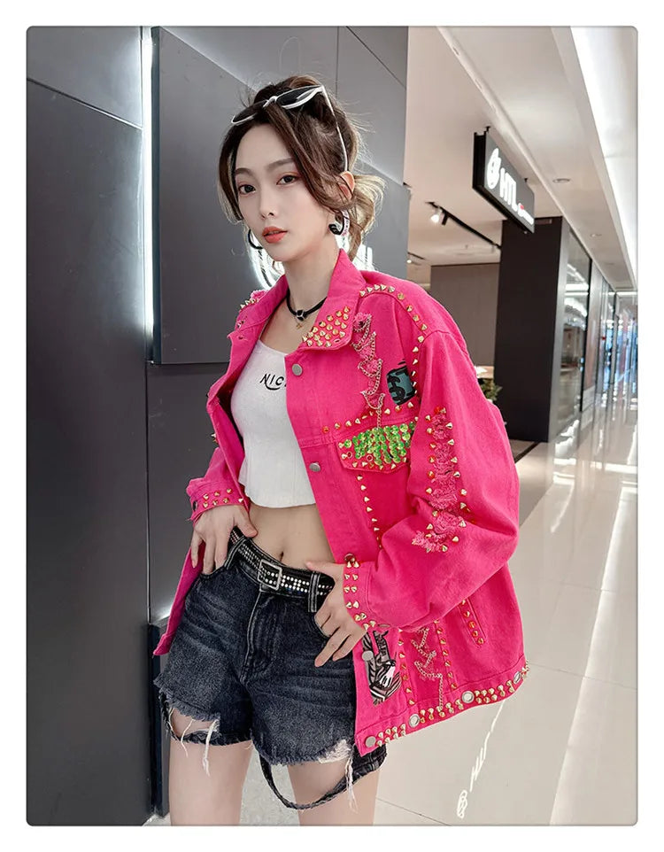 Women Graffiti Printed Rivets Denim Jacket Loose Holes Diamonds Jeans Coat Sequined Cowboy Ripped Streetwear Cardigan Ins Tops SS69