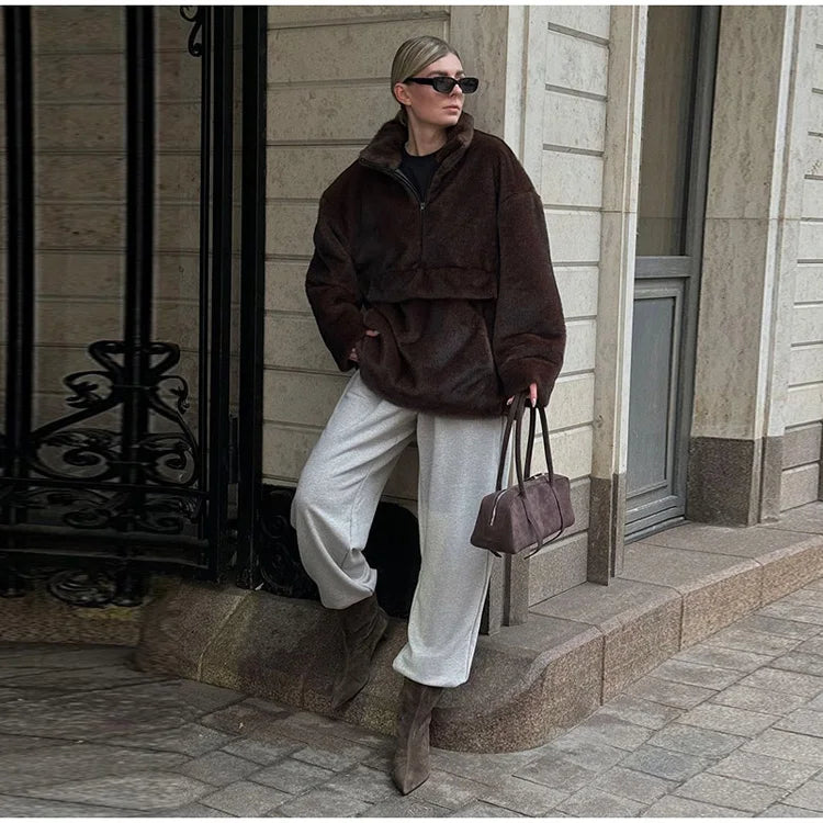 Mueyeruho Women's Faux Mink Fur Sweatshirt - Warm Brown Pullover