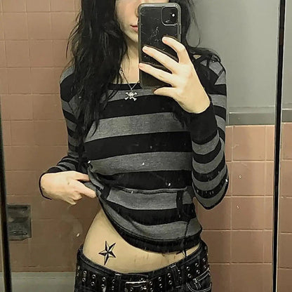 Autumn Y2k Fairy Grunge Pullover Hoodie Striped Print Hoodies Female Sweatshirts Women Hooded Fairycore Aesthetic Harajuku Tops SS69
