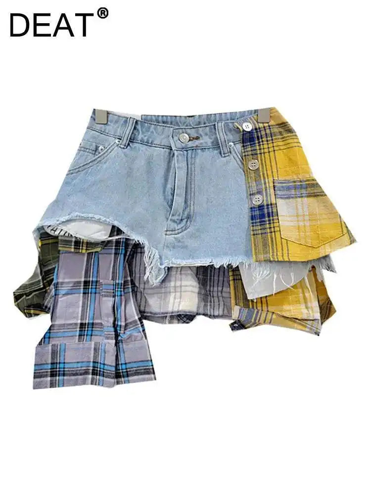 DEAT Women's Denim Skirt Colored Plaid Patchwork Irregular Deconstructed A-line High Waist Mini Skirt 2025 Summer New Fashion SS69