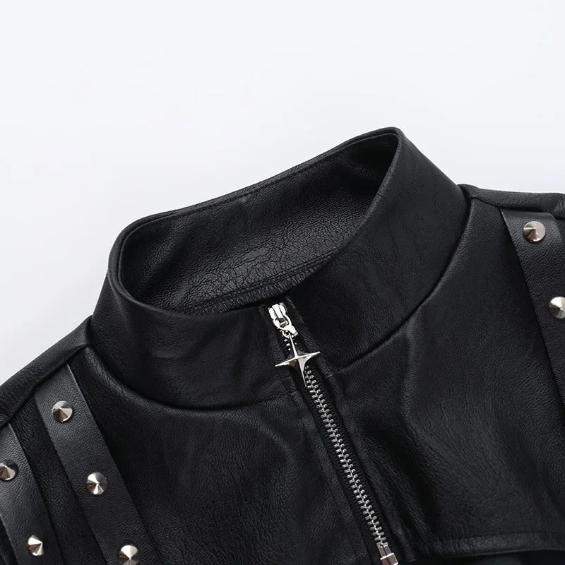 Punk Faux Leather Cropped Jacket with Rivets - Women's Streetwear