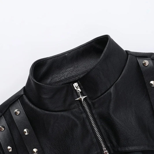 Punk Faux Leather Cropped Jacket Women Spring 2024 Streetwear Sexy Slim Fit Rivet PU Blouse Top
