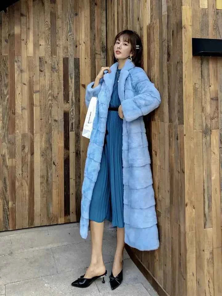 HDHOHR 2025 Real Whole Mink Fur X-Long Coat Factory Direct Sale Winter Slim Warm Female Mink Fur Long Turn-down Collar Jacket