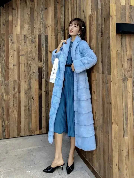 HDHOHR 2025 Real Whole Mink Fur X-Long Coat Factory Direct Sale Winter Slim Warm Female Mink Fur Long Turn-down Collar Jacket