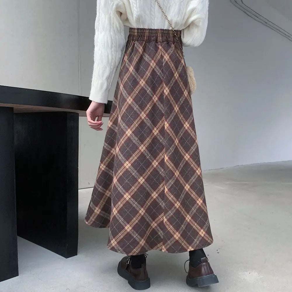 Elegant High Waist Retro Plaid Skirt Winter Autumu Classical High Waist Long Skirt Slim Fit Preppy Style A-line Half Dress Party
