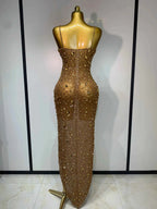 Luxury Rhinestones Sexy Mesh See Through Bodycon Dress Women Birthday Evening Cocktail party Gown Red Carpet Club Stage Outfit