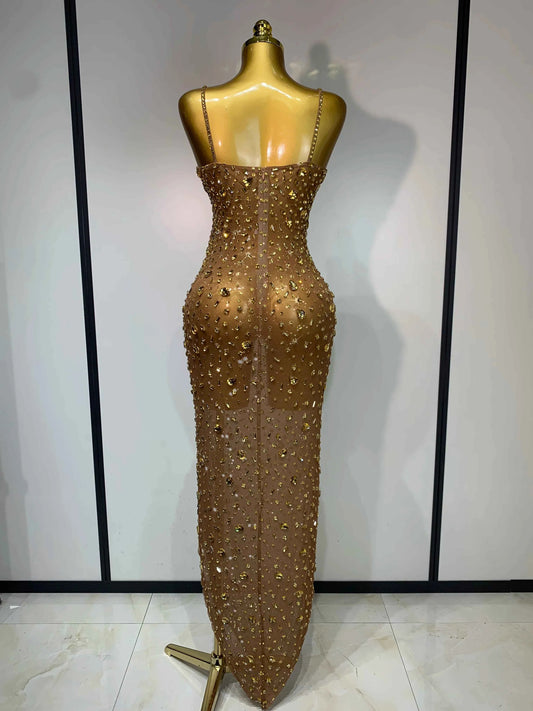 Luxury Rhinestones Sexy Mesh See Through Bodycon Dress Women Birthday Evening Cocktail party Gown Red Carpet Club Stage Outfit