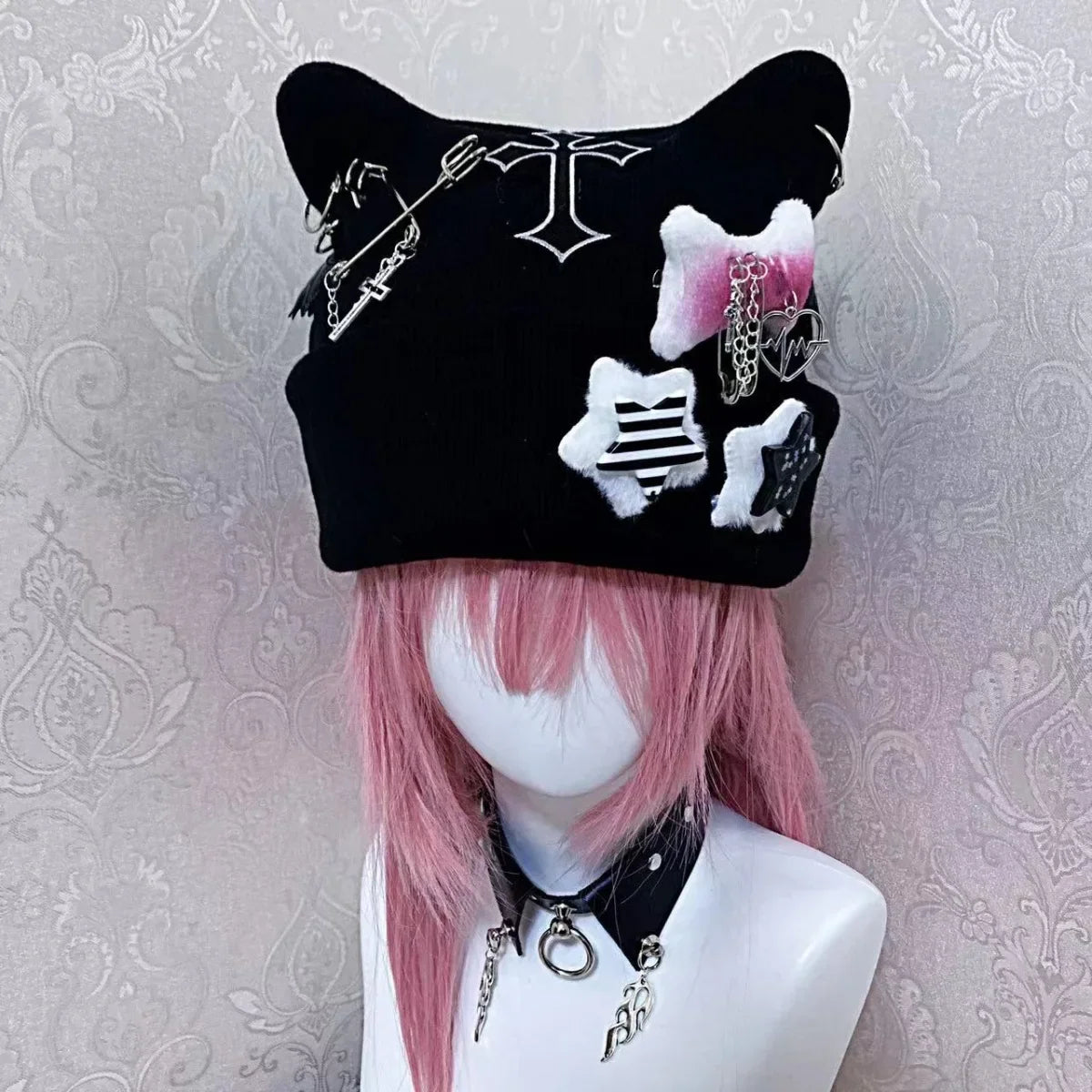 Gothic Punk Cat Ear Hat Cross Skeleton Knitted Black Y2K Girl Subculture Cute Lace Net Hat Chinese Brand None( AE Stock) SS69