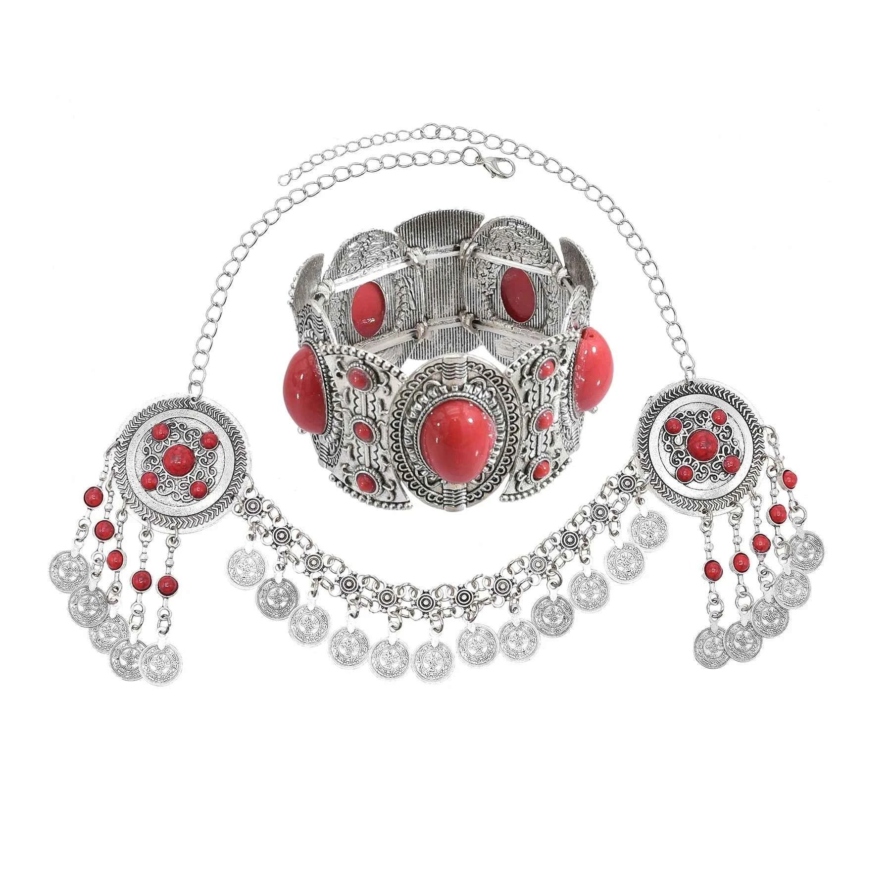 Traditional Kazakhstan Ethnic Coins Bracelet Hair Accessories  for Women Vintage Nepalese Tibetan Clothing Headwear Jewelry Set