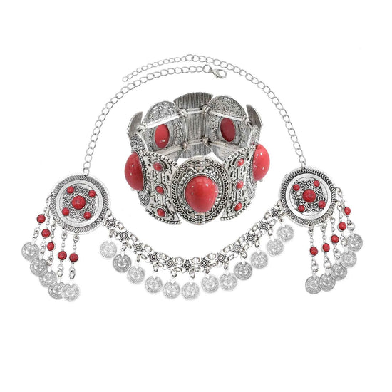 Traditional Kazakhstan Ethnic Coins Bracelet Hair Accessories  for Women Vintage Nepalese Tibetan Clothing Headwear Jewelry Set
